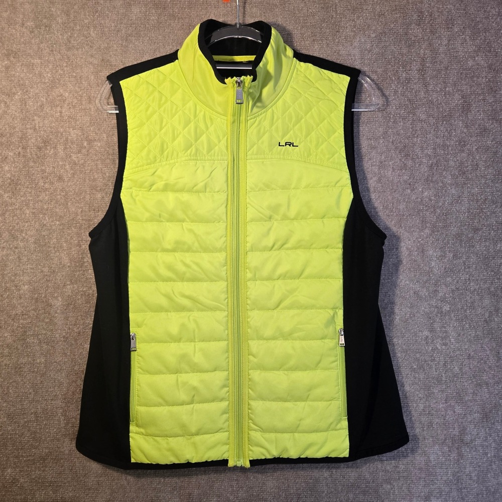 LRL Lauren Ralph‎ Lauren Neon Green Black Zip Up Quilted Vest Size XL READ